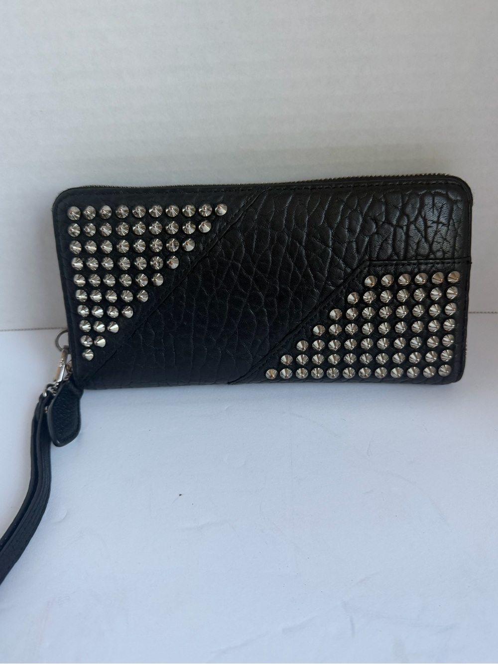 MCM Black Leather Studded Zip-Around Wallet Wristlet